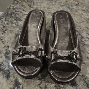 Women's Metallic Bronze Open-Toe Platform Mules with Decorative Bit